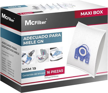 McFilter | 16 bolsas para aspiradoras Miele serie GN S2 S4 S5 S6 S8, Complete C2/C3, Classic C1 | bolsa con 8 filtros | MAXI CAJA